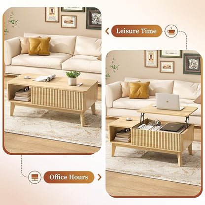 LYNCOHOME Fluted Lift Top Coffee Table with Hidden Compartment, Modern Center Table for Living Room, Home Office, Natural