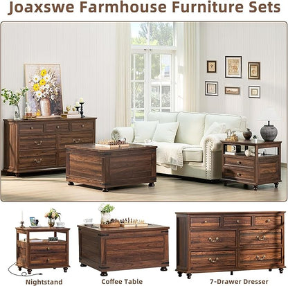 Farmhouse Coffee Table with Hidden Storage,Large Square Center Table for Living Room,Retro Cocktail Tables with Flip-Top Lids, Farm House Tables with Wooden Gourd Feet for Home,Brown Walnut