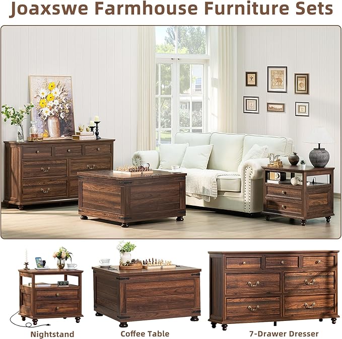 Farmhouse Coffee Table with Hidden Storage,Large Square Center Table for Living Room,Retro Cocktail Tables with Flip-Top Lids, Farm House Tables with Wooden Gourd Feet for Home,Brown Walnut
