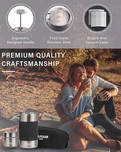 POLIVIAR French Press Coffee Maker, 12 oz Portable French Press with Mini Canister and Collection Bag, Double Wall Insulation & Dual- Filter Screen, Food Grade Stainless Steel for Coffee