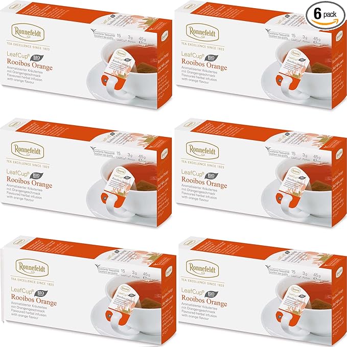 Ronnefeldt LeafCup Rooibos Orange Chai – Naturally Caffeine-Free Red Herbal Tea with Natural Orange Flavoring – Set of 6 Boxes – 90 Individually Wrapped Loose Leaf Tea Bags – Packed in Germany