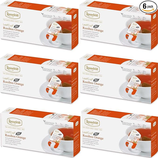Ronnefeldt LeafCup Rooibos Orange Chai – Naturally Caffeine-Free Red Herbal Tea with Natural Orange Flavoring – Set of 6 Boxes – 90 Individually Wrapped Loose Leaf Tea Bags – Packed in Germany