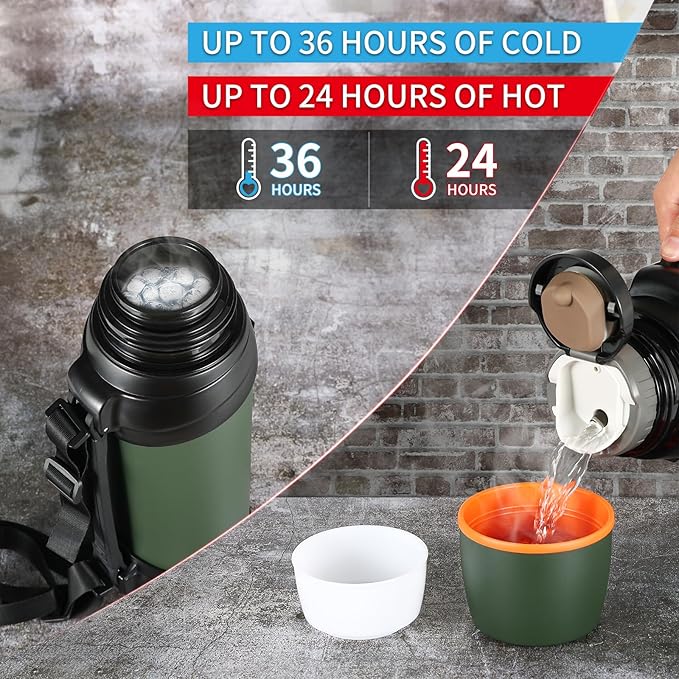 Large Thermosflask- 85oz Stainless Steel Insulated Bottle for Travel with BPA Free Cup - 2.5L Oversized Vacuum Insulated Thermoses with Handle and Strap for Hot & Cold Drinks(Green)