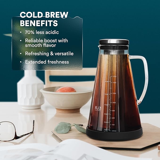 OVALWARE Airtight Cold Brew Iced Coffee Maker Pitcher (& Iced Tea Maker) with Spout – 1.5L/ 51oz Brewing Glass Carafe with Removable Stainless Steel Filter
