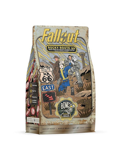 Bones Coffee Company Fallout Rocky Route 66, Rocky Road Flavored Coffee, Medium Roast Low Acid Arabica Beans Compatible with Auto drip and French Press Coffee Maker, 12 Oz Whole Bean