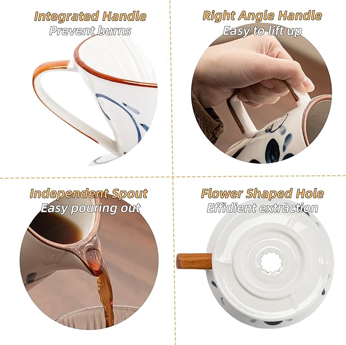 Pour Over Coffee Maker,Ceramic Coffee Maker With 40 pcs V60 Paper Filter，15oz/450ml Pour Over Coffee Dripper (Blue and white, V02)