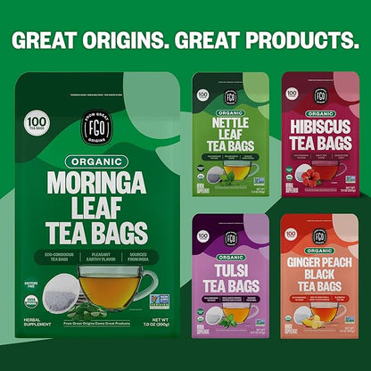 FGO Organic Moringa Tea, 100 Count, Eco-Conscious Tea Bags, Resealable Bag, Caffeine Free, Packaging May Vary (Pack of 1)