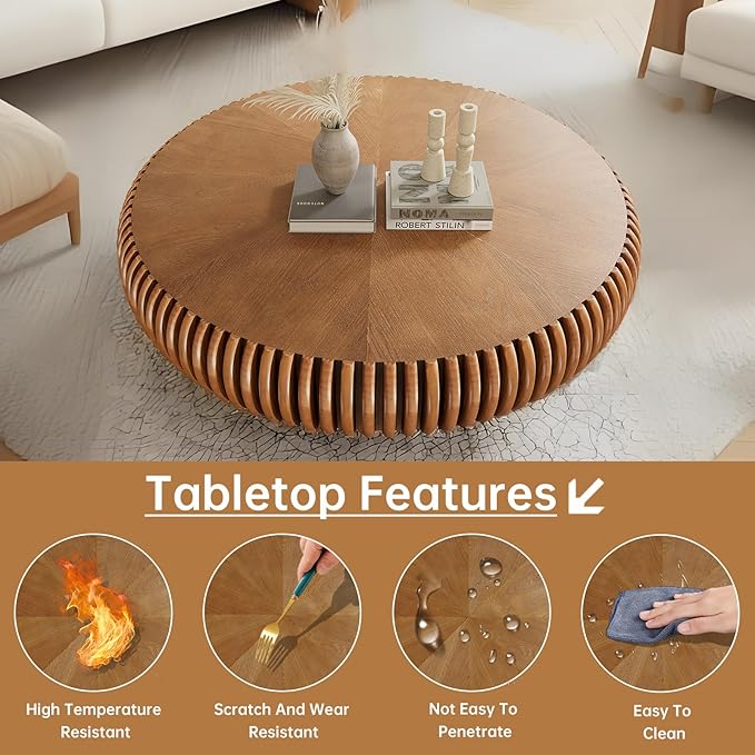 Round Coffee Table 39.3" Modern Brown Fluted Coffee Table Low Round Drum Pedestal Coffee Tables for Living Room Farmhouse (Brown 39.3 inch)