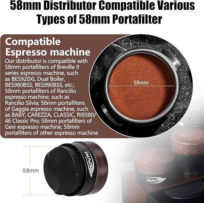 IKAPE 58MM Coffee Distributor, New Wooden Handle Design, Gravity Adaptive Espresso Distributor Fits All 58.35MM Espresso Portafilter, Compatible with 58.35MM Rancilio Bottomless Portafilter