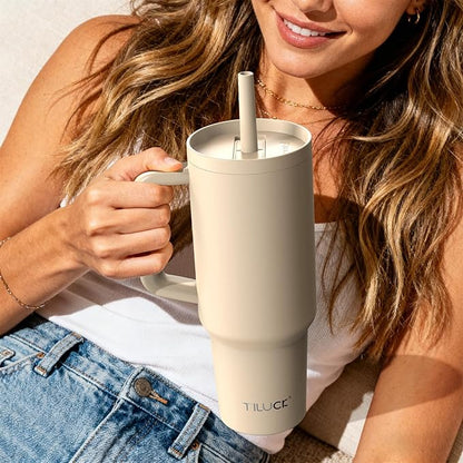 TILUCK 40 oz Tumbler with Handle, Vacuum Insulated Stainless Steel Travel Mug with 100% Leak-Proof Silicone Straw Lid, Cupholder Friendly Water Bottle(MistyGray, 40oz)