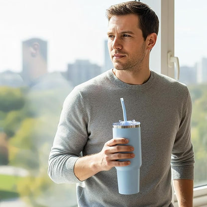 COKTIK 40 oz Tumbler With Handle and Straw Lid, Vacuum Insulated Travel Coffee Mug Stainless Steel Insulated Cup for Beverages, Leak-proof, Cupholder Friendly (Silent Sky)