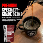 Load image into Gallery viewer, Blackout Coffee Chocolate Cherry Flavored Ground Coffee – Medium Roast, Smooth Taste, Guilt-Free Indulgence – Freshly Roasted 12oz Pouch.