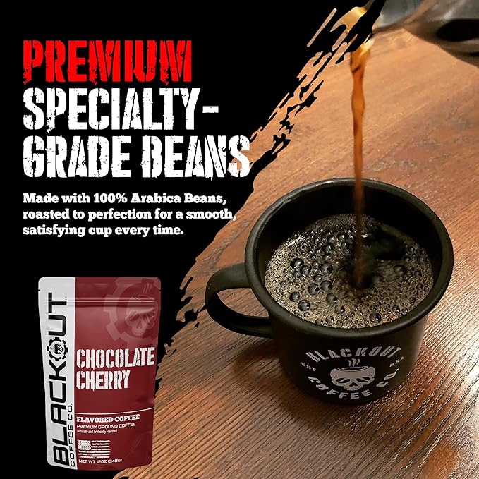 Blackout Coffee Chocolate Cherry Flavored Ground Coffee – Medium Roast, Smooth Taste, Guilt-Free Indulgence – Freshly Roasted 12oz Pouch.