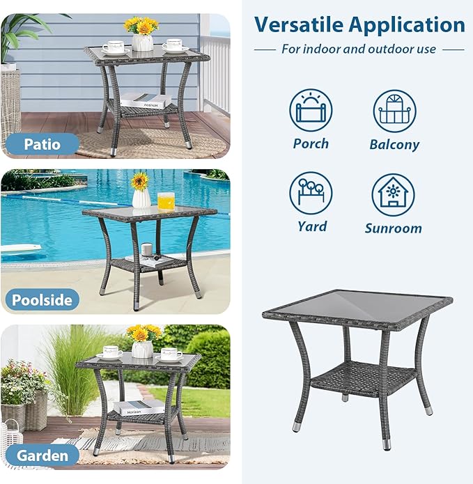 Super Patio Outdoor Side Table, 20" Square Wicker End Coffee Table with Tempered Glass Top, Aluminum Frame, Gray