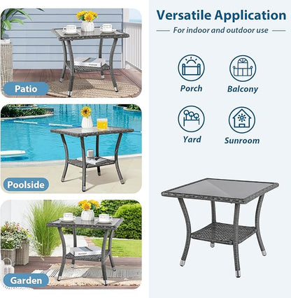 Super Patio Outdoor Side Table, 20" Square Wicker End Coffee Table with Tempered Glass Top, Aluminum Frame, Gray