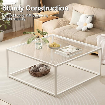 Glass Coffee Table Square Coffee Table for Small Space,Modern Minimalist Center Table for Living Room Home Office,Tempered Glass-top with Sturdy Metal Frame,Easy Assembly,27 x 27In, White