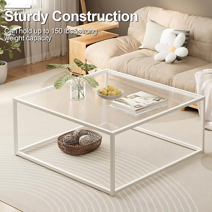 Glass Coffee Table Square Coffee Table for Small Space,Modern Minimalist Center Table for Living Room Home Office,Tempered Glass-top with Sturdy Metal Frame,Easy Assembly,27 x 27In, White
