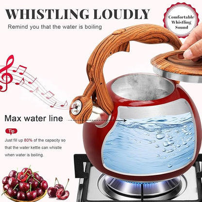GGC Tea Kettle for Stove Top, 3.1QT/3L Whistling Tea Kettles for Boiling Water Coffee or Milk, Gradient Red Pot with Wood Parttern Handle, Stainless Steel Kettle Pot for Home and Kitchen