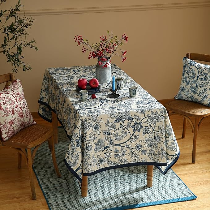 Designer French Linen Long Rectangle Tablecloth,Blue Floral Washable Indoor Table Cloth,Durable Home Decor Tablecloths for Dining Thanksgiving Kitchen Party Christmas,63"*102"-Ruyi B