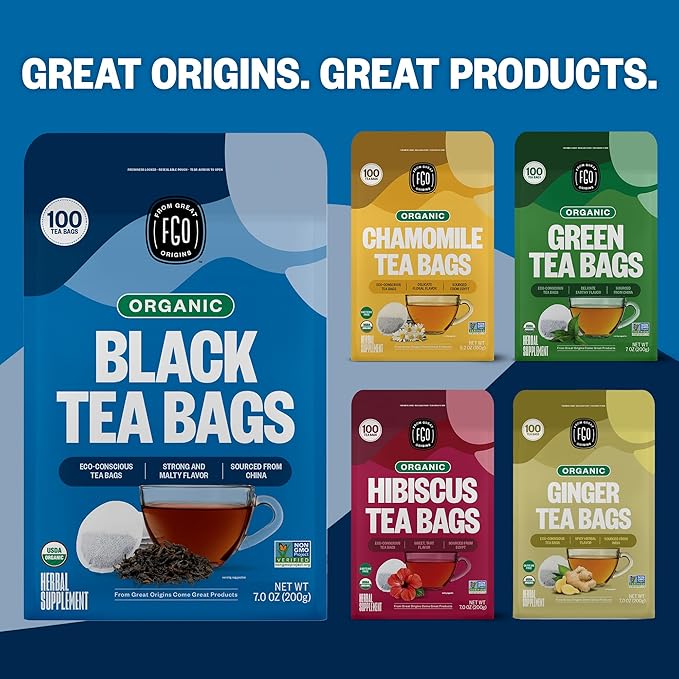FGO Organic Black Tea, 100 Count, Eco-Conscious Tea Bags, Caffeinated, Resealable Bag, Packaging May Vary (Pack of 1)