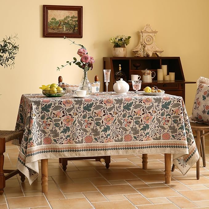 Designer Boho Floral Table Cloth for Rectangle Table,Linen Lotus Flower Pattern Colorful Tablecloth,Durable Decor Tablecloths for Dining Thanksgiving Kitchen Christmas,55"*79"-Hazel A