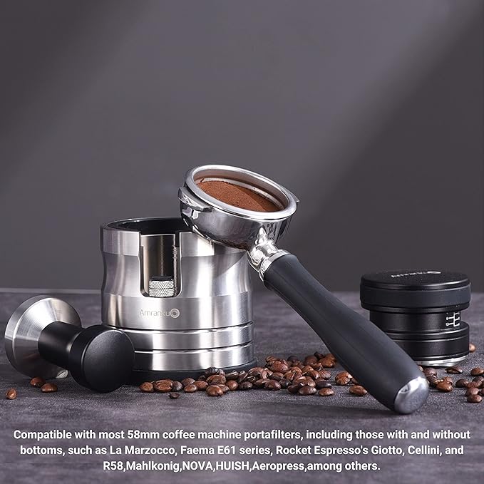 Portafilter Holder - Espresso Tamping Station Crafted from Solid 304 Stainless Steel for Most 58mm Portafilters with Adjustable Height Screw | Stable and Efficient Puck Preparation