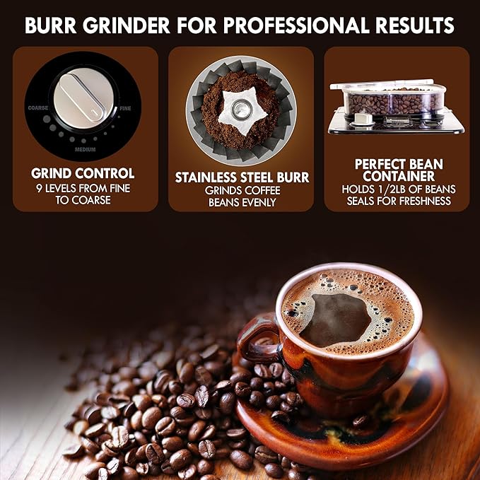 Kenmore Elite Grind And Brew Coffee Maker - Burr Grinding Ground Coffee Bean Hopper With Drip Pot, 12 Cup Programmable Automatic Brew Coffee Machine For Barista Style Cafetera, Use For Kitchen & Café
