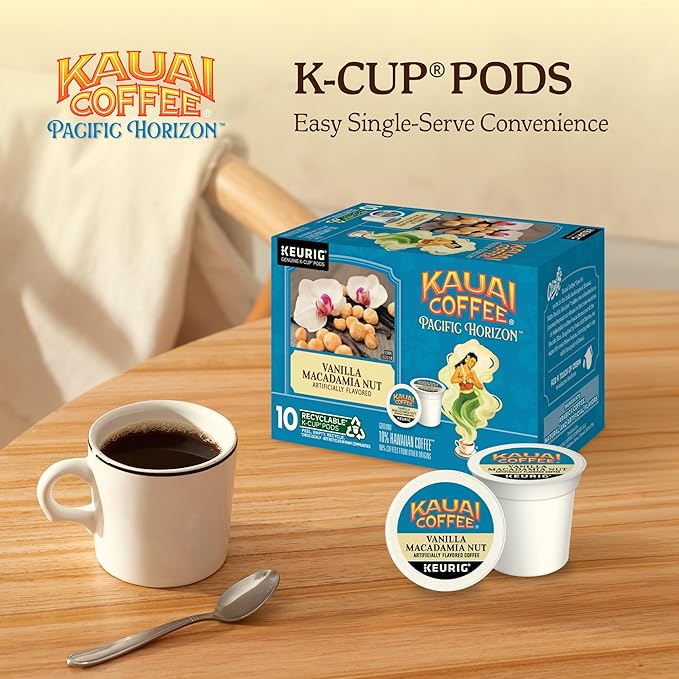 Kauai Coffee K-Cup Pods - Vanilla Macadamia Nut Flavor – Premium Arabica, 10 CT (Pack of 6)