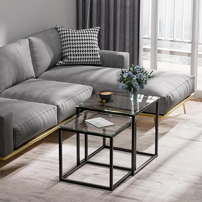 VILAWLENCE Coffee Table Set of 2, Modern Black Glass Side Table, Metal Frame Square End Table, Center Tables,Nesting Coffee Table for Living Room,Bedroom and Small Spaces