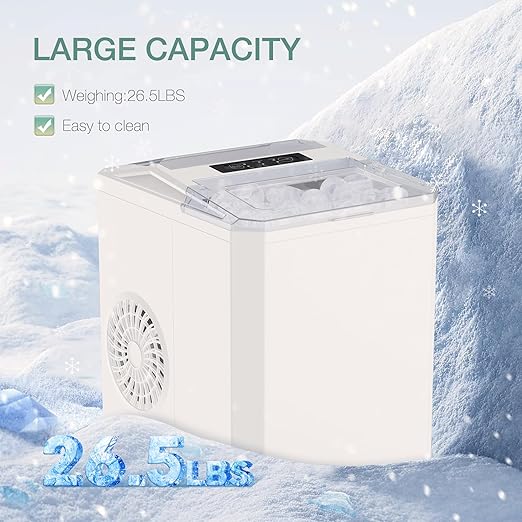 SMUG Ice Makers Countertop with Handle, Portable Ice Machine, 9 Bullet Ice Cubes in 6 Mins, 26lbs in 24Hrs, Auto-Cleaning, with Basket and Scoop, for Home, Kitchen, RV, Camping, White