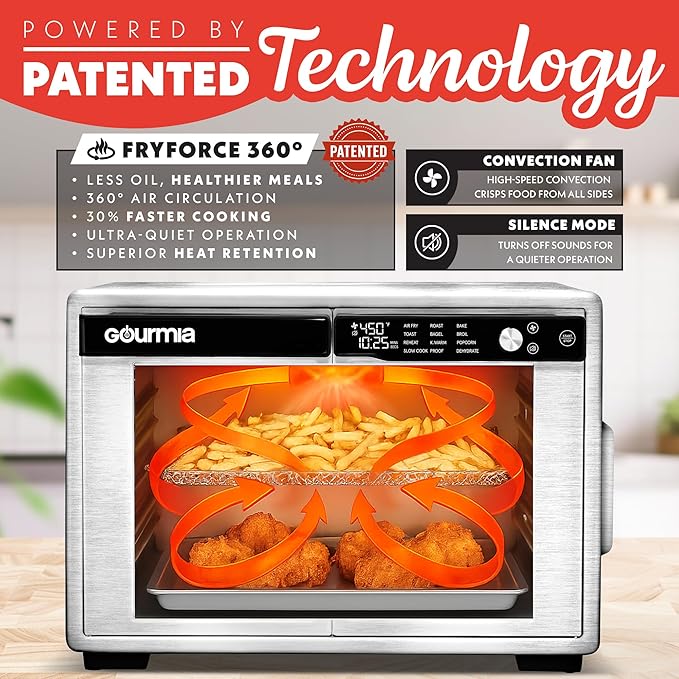 Gourmia French Door Digital Air Fryer Oven - XL 37QT Capacity, 12 Presets, FryForce 360° Tech, Dehydrate, Proof, Slow Cook, Fits 13” Pizza, 1700W, Stainless Steel