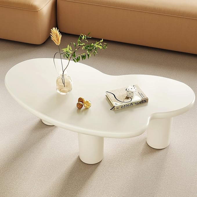 Cloud Coffee Table, 42.24" Irregular Cream White Coffee Table with 3 Legs, Modern Center Table for Living Room, Indoor Tea Table, Easy Assembly
