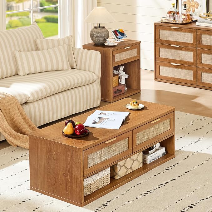 LEYAOYAO 48" Farmhouse Boho Rattan Coffee Table with 2 Woven Drawers,Rectangular Coffee Tables with Hidden Storage Compartment,Curved Profile Design,Wooden Center Table for Living Room,Office,Brown