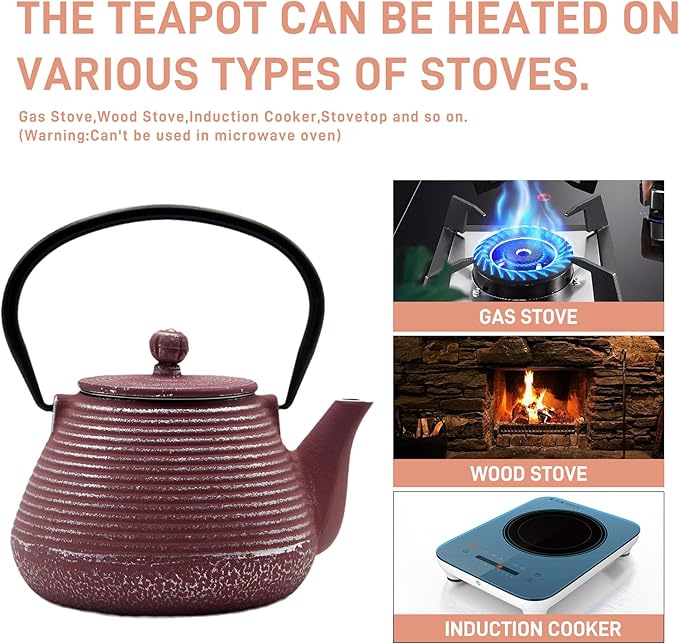 Cast Iron Teapot, 20.3oz Small Pink Pinstripe Pattern, Stainless Steel Infuser for Loose Tea, Enameled Interior, Stovetop Safe