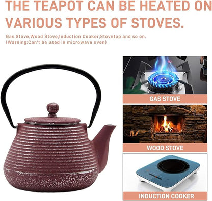 Cast Iron Teapot, 20.3oz Small Pink Pinstripe Pattern, Stainless Steel Infuser for Loose Tea, Enameled Interior, Stovetop Safe