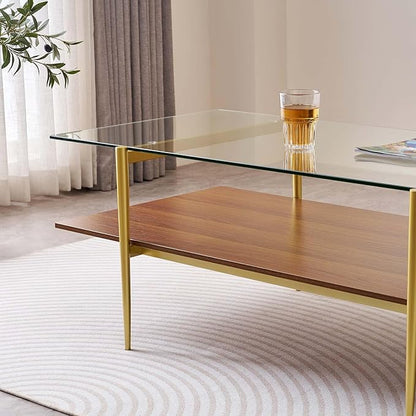 X-Large Rectangle Glass Coffee Table, Mid-Century Modern Design, for Living Room, L47 x W24 x H17 Inch, Clear Glass Top and Walnut MDF Shelf, Sleek Conical Legs with Gold Finish Frame