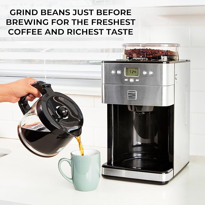 Koolatron Kenmore Elite Grind and Brew Coffee Maker - Built-In Grinder, Automatic Drip Coffee Machine, 12 Cup Programmable Brewer, Bean Grinder and Ground Coffee Brewer, Cafetera con Molino Integrade