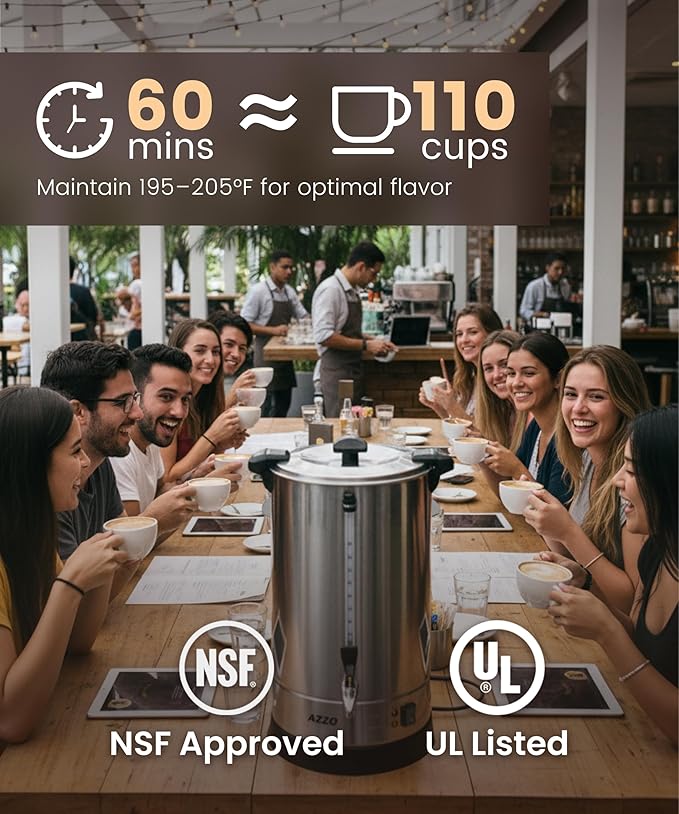 Commercial Coffee Maker 110-Cup Large Percolator Coffee Pot Electric Dispenser, Double Wall Stainless Steel Hot Water Urn for Quick Brew with No-Drip, 16L Cup Scale for Catering Events