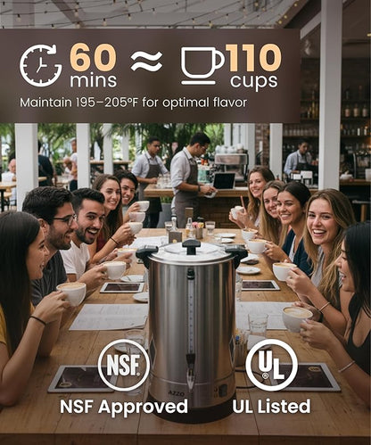 Commercial Coffee Maker 110-Cup Large Percolator Coffee Pot Electric Dispenser, Double Wall Stainless Steel Hot Water Urn for Quick Brew with No-Drip, 16L Cup Scale for Catering Events