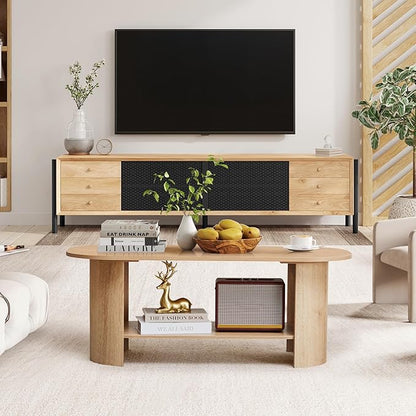 43.3” Oval Coffee Tables for Living Room, Wood Farmhouse Coffee Table with Storage, 2-Tier Center Table with Storage Shelf Low Tea Table for Small Space, Home, Office (Natural)