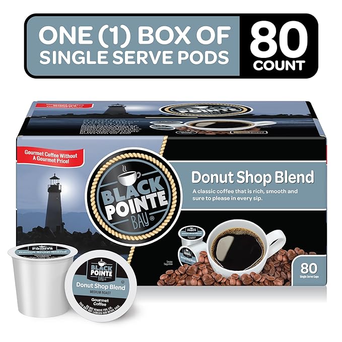 Black Pointe Bay Coffee Donut Shop Blend, Medium Roast, 80 Count, Single Serve Coffee Pods for Keurig K-Cup Brewers