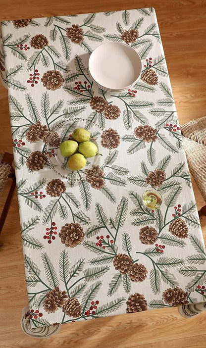 Designer Christmas Beige Linen Small Rectangular Tablecloth,Pinecones Pattern Indoor Tablecloths,Washable Decor Table Cloth for Dining Thanksgiving Kitchen Christmas,55"*71"-Carol B