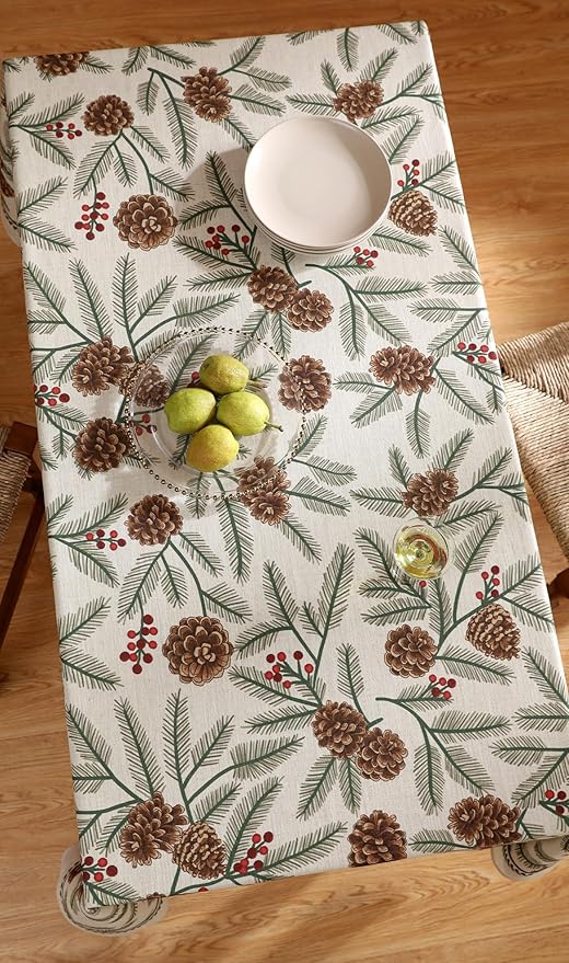 Designer Christmas Beige Linen Square Tablecloth,Pinecones Pattern Indoor Tablecloths,Wrinkle Resistant Decor Table Cloth for Dining Thanksgiving Kitchen Christmas,67"*67"-Carol B