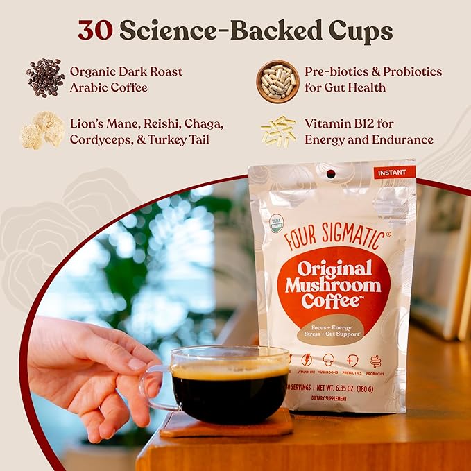 Four Sigmatic Original Mushroom Coffee | High Dose Lion's Mane, Chaga, Turkey Tail, Cordyceps and Reishi | Energy, Focus & Immune Support | 30 Servings