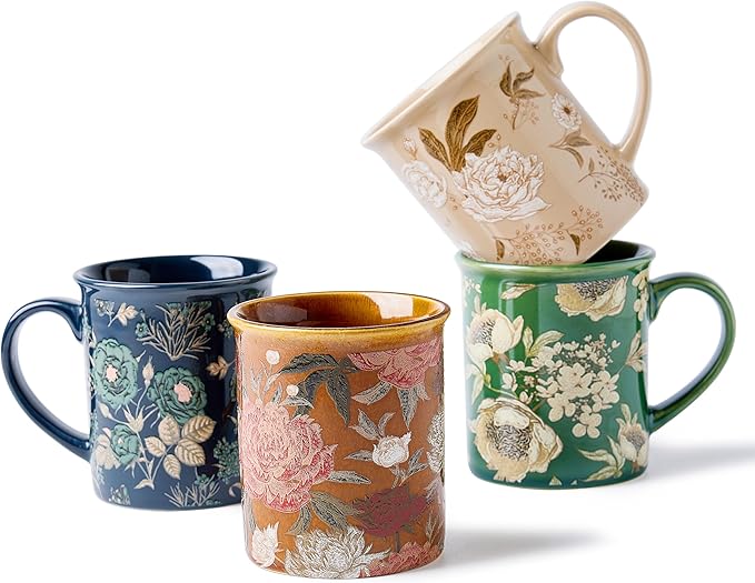 Coffee Mugs Set of 4, 12oz Ceramic Tea Cups with Floral Design, Hand wash only, Microwaveable, Gift Box, Perfect for Cappuccino, Latte, Hot Chocolate–Tazas Para Café Bonitas (Royal Bloom)