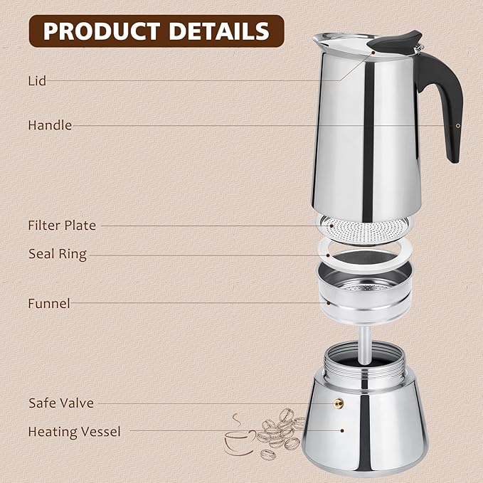 Stovetop Espresso Maker, 12 cup Moka Pot, Italian Coffee Maker Percolator, Stainless Steel Espresso Pots, 600ml/20oz(Espresso Cup=50ml/1.7oz) Coffee Pot Cafe Maker for Induction Cookers, Hobs