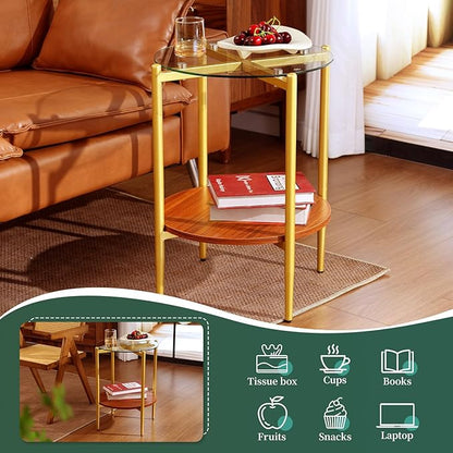 Small Round Glass Coffee Tables for Living Room, Mid Century Side Table with Clear Glass Top, Solid Brown Storage Shelf and Sturable Gold Legs for Small Space, Office, Department