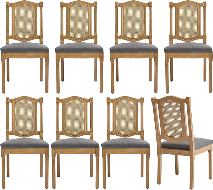 Vintage French Country Dining Room Chairs Set of 8, Rattan Dining Chairs with a Designer Backrest, Upholstered Dining Chair, Sillas para Comedor, Kitchen & Dining Room Chair (Gray, Rattan, 8Pcs)