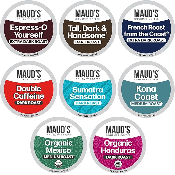 Maud's Bold Dark Roast Coffee Pods Variety Pack, 40 ct, 8 Assorted Dark Roast Flavors in Recyclable Single Serve Pods – 100% Arabica Coffee, Compatible with Keurig K Cups Maker