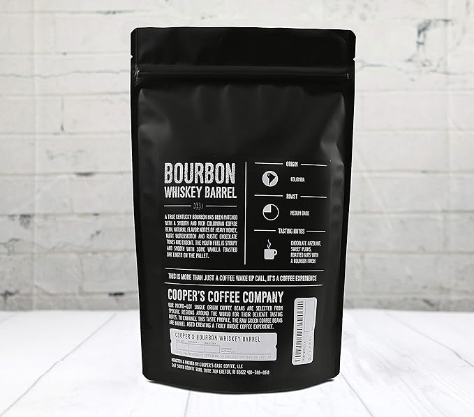 Bourbon Whiskey Barrel Aged Coffee Beans, Ground, Single Origin Colombian Coffee Aged in Kentucky Bourbon Whiskey Barrels - 12 oz Bags